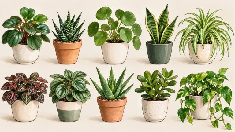 10 easy indoor plants arranged in small planters for a compact indoor garden
