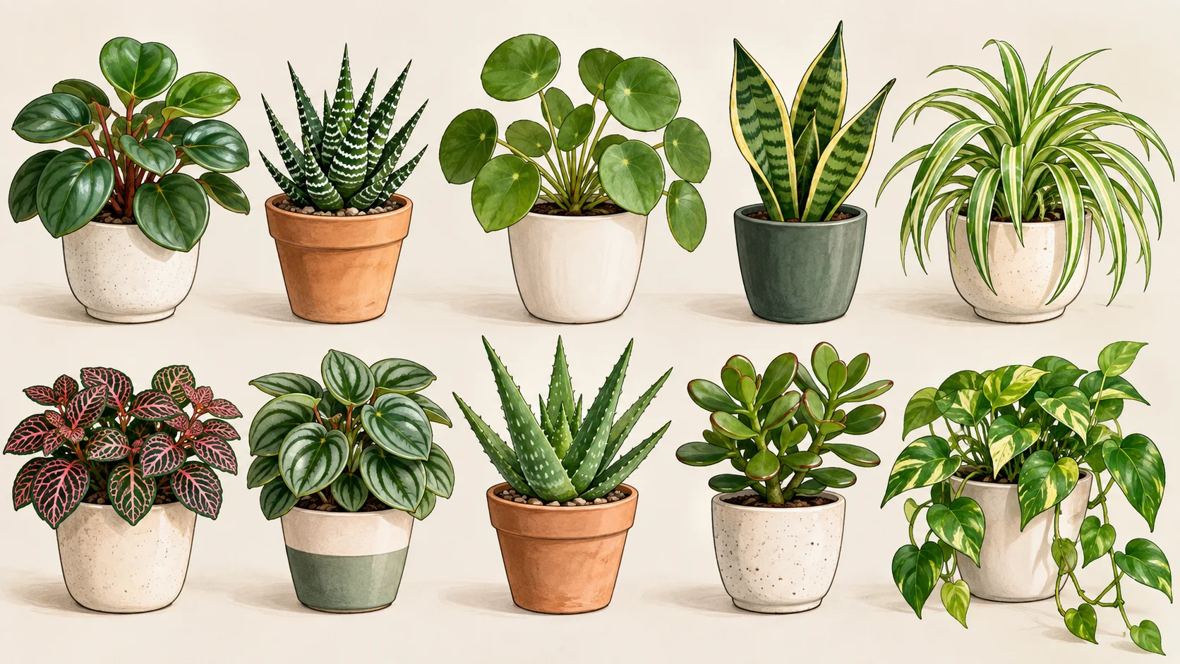 10 easy indoor plants arranged in small planters for a compact indoor garden