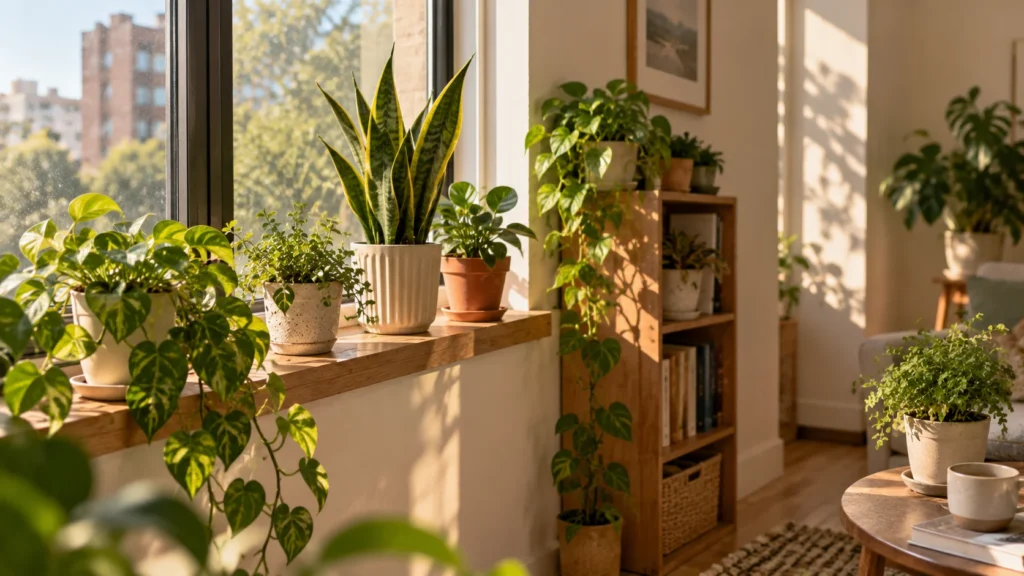 Indoor gardening guide for small houseplants arranged near a window to receive suitable indoor light
