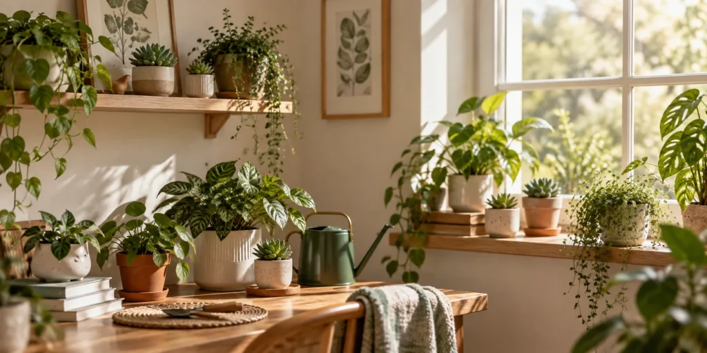 Cozy indoor plants and mini planters arranged in a sunlit home