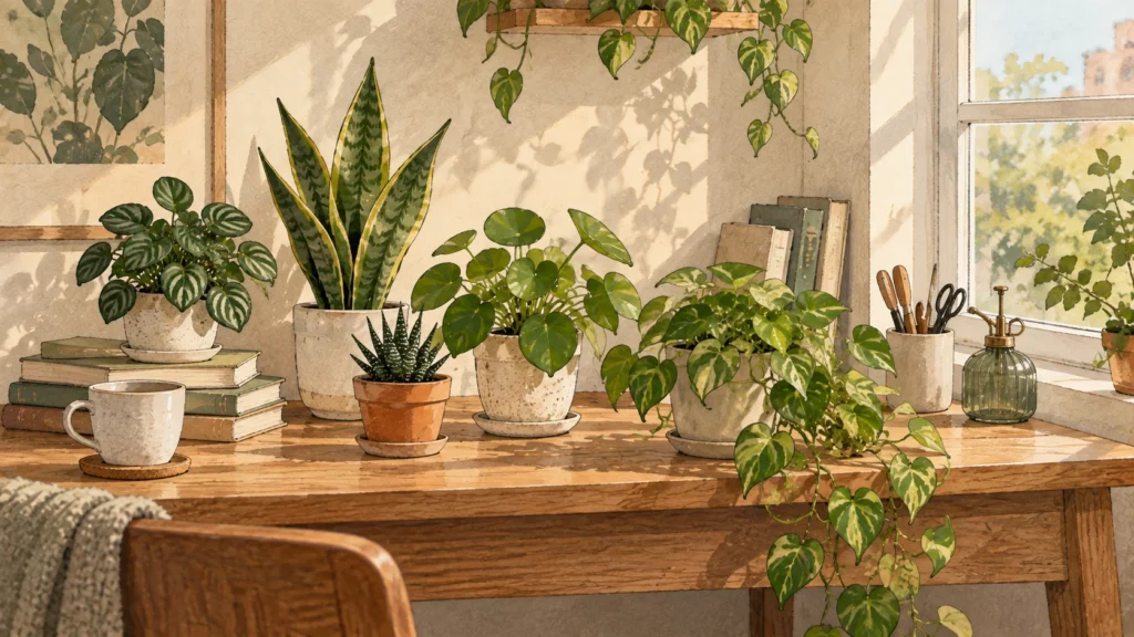 Indoor Plants in small planters arranged on a desk and windowsill