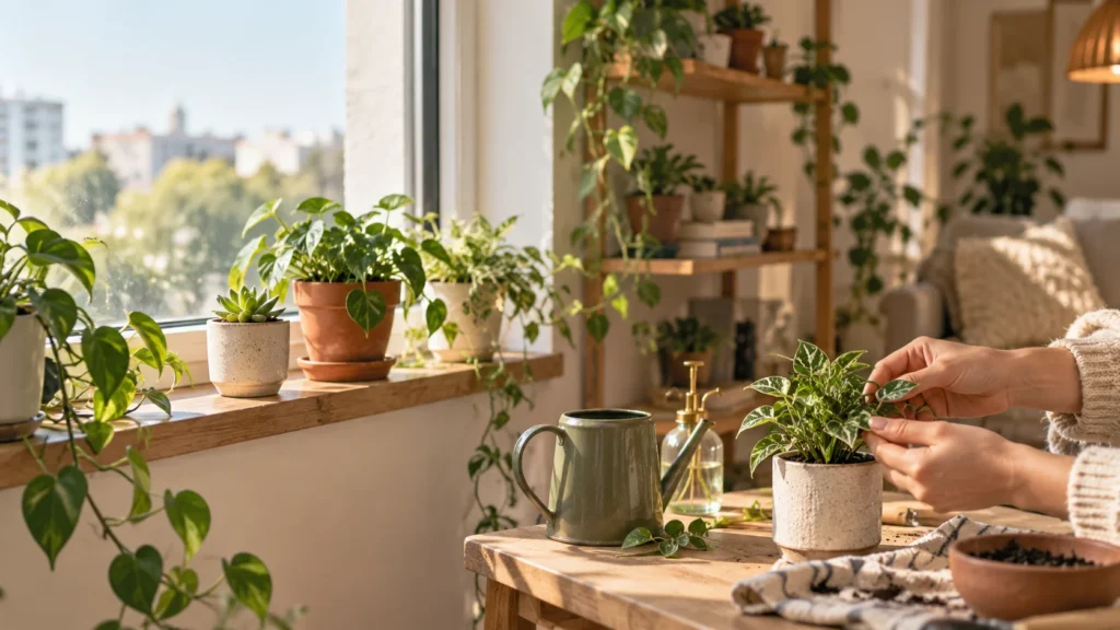 Beginner indoor gardening setup with a small plant, potting mix, planter and watering can